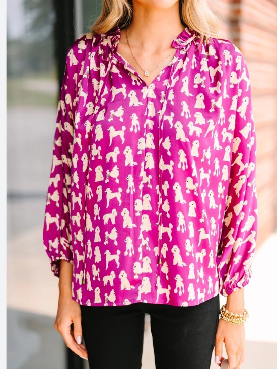 entro Tops - Entro Dog Print Blouse M Pink Poodle Print Flowy Boho Tie Neck Long Sleeve Top